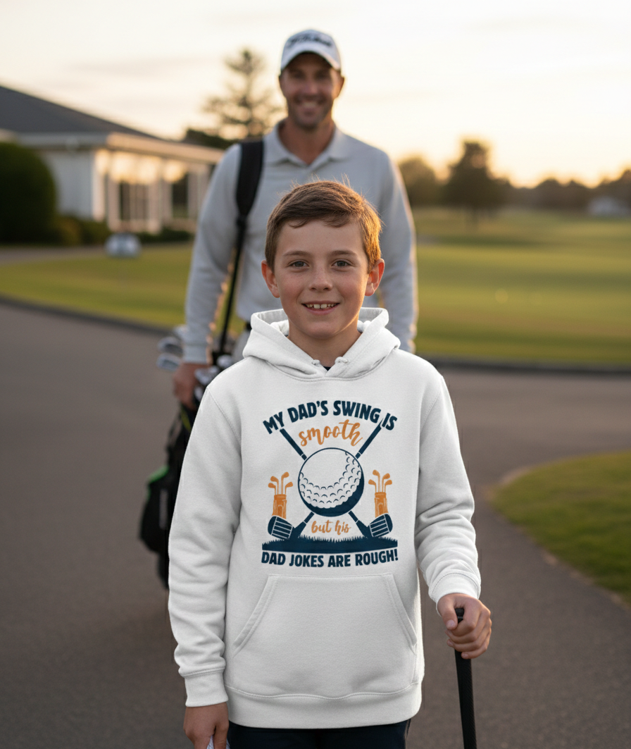 Young boy wearing a hoodie with a golf-themed design, standing on a golf course with a man in the background. The boy is wearing a Cows Corner hoodie with a funny golf slogan 'My Dad’s Swing Is Smooth but His Dad Jokes Are Rough!'. Cows Corner gifts are perfect for sport-mad fans, these gifts work brilliantly for birthdays, new baby celebrations, Father’s Day, Mother’s Day, Christmas, anniversaries, thank you gifts, end-of-season team awards, graduations, retirements, and just-because moments when you want 