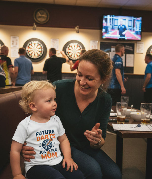Woman and child in a pub setting with dartboards in the background. The child is wearing a Cows Corner t-shirt with the funny darts slogan on the front that reads 'Future Darts Star Just Like Mum'.   Cows Corner gifts are perfect for sport-mad fans, these gifts work brilliantly for birthdays, new baby celebrations, Father’s Day, Mother’s Day, Christmas, anniversaries, thank you gifts, end-of-season team awards, graduations, retirements, and just-because moments when you want to raise a smile. 

