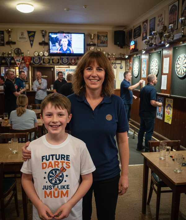 Woman and young boy standing together in a pub setting, with a television screen in the background. The boy is wearing a Cows Corner t-shirt with the funny darts slogan on the front that reads 'Future Darts Star Just Like Mum'.  Cows Corner gifts are perfect for sport-mad fans, these gifts work brilliantly for birthdays, new baby celebrations, Father’s Day, Mother’s Day, Christmas, anniversaries, thank you gifts, end-of-season team awards, graduations, retirements, and just-because moments