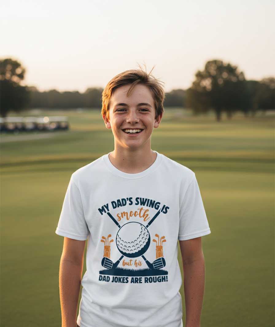 Person wearing a t-shirt with a golf-themed design on a golf course. The boy is wearing a Cows Corner t-shirt with the funny golf slogan 'My Dad’s Swing Is Smooth but His Dad Jokes Are Rough!'. Cows Corner gifts are perfect for sport-mad fans, these gifts work brilliantly for birthdays, new baby celebrations, Father’s Day, Mother’s Day, Christmas, anniversaries, thank you gifts, end-of-season team awards, graduations, retirements, and just-because moments when you want to raise a smile. 
