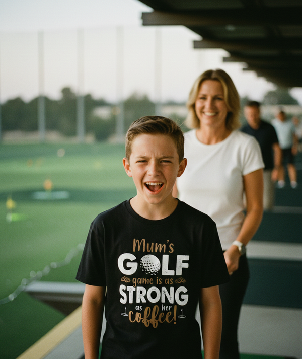 Young boy wearing a black t-shirt with text, standing on a golf course with a woman in the background. The boy is wearing a Cows Corner t-shirt with the funny golf slogan 'Mum’s Golf Game Is As Strong as Her Coffee'.  Cows Corner gifts are perfect for sport-mad fans, these gifts work brilliantly for birthdays, new baby celebrations, Father’s Day, Mother’s Day, Christmas, anniversaries, thank you gifts, end-of-season team awards, graduations, retirements, and just-because moments when you want to raise a smi