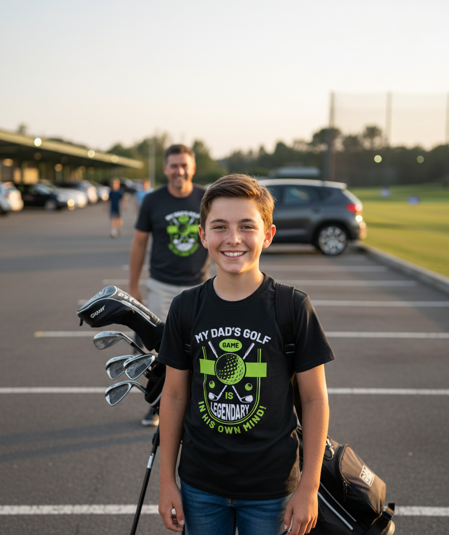 Young boy holding golf clubs with a man in the background, likely at a golf course. The boy is wearing a Cows Corner t-shirt with the funny golf slogan 'My Dad’s Golf Game Is Legendary in His Own Mind!'. Cows Corner gifts are perfect for sport-mad fans, these gifts work brilliantly for birthdays, new baby celebrations, Father’s Day, Mother’s Day, Christmas, anniversaries, thank you gifts, end-of-season team awards, graduations, retirements, and just-because moments when you want to raise a smile. 
