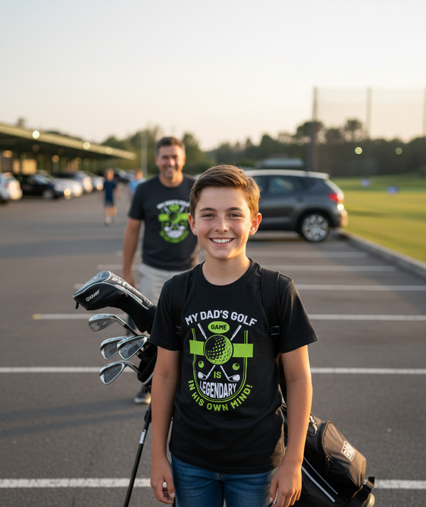 Young boy holding golf clubs with a man in the background, likely at a golf course. The boy is wearing a Cows Corner t-shirt with the funny golf slogan 'My Dad’s Golf Game Is Legendary in His Own Mind!'. Cows Corner gifts are perfect for sport-mad fans, these gifts work brilliantly for birthdays, new baby celebrations, Father’s Day, Mother’s Day, Christmas, anniversaries, thank you gifts, end-of-season team awards, graduations, retirements, and just-because moments when you want to raise a smile. 
