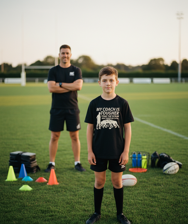 Young boy in sports attire standing on a field with a coach in the background. The boy is wearing a Cows Corner t-shirt with the funny rugby slogan 'My Coach Is Tougher Than the Scrum and Twice As Loyal'. Cows Corner gifts are perfect for sport-mad fans, these gifts work brilliantly for birthdays, new baby celebrations, Father’s Day, Mother’s Day, Christmas, anniversaries, thank you gifts, end-of-season team awards, graduations, retirements, and just-because moments when you want to raise a smile. 
