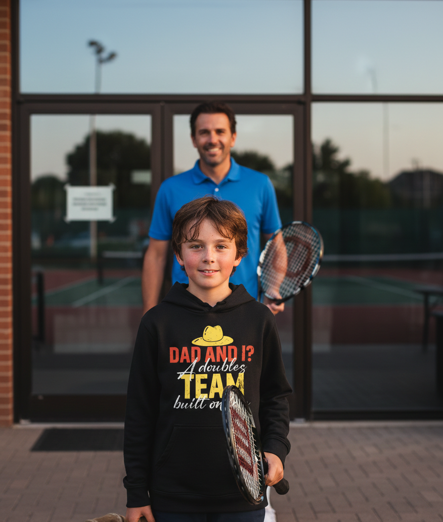 Man and boy holding tennis rackets in front of a building with glass doors. The boy is wearing a Cows Corner hoodie with the funny tennis slogan 'Dad and I? A Doubles Team Built on Love'. Cows Corner gifts are perfect for sport-mad fans, these gifts work brilliantly for birthdays, new baby celebrations, Father’s Day, Mother’s Day, Christmas, anniversaries, thank you gifts, end-of-season team awards, graduations, retirements, and just-because moments when you want to raise a smile. 
