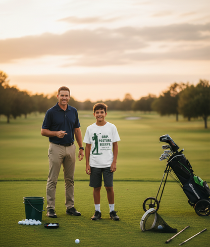 Man and boy on a golf course with golf equipment and balls. The boy is wearing a Cows Corner t-shirt with the funny golf slogan 'Grip, Posture, Believe. Thank You for Everything Coach'. Cows Corner gifts are perfect for sport-mad fans, these gifts work brilliantly for birthdays, new baby celebrations, Father’s Day, Mother’s Day, Christmas, anniversaries, thank you gifts, end-of-season team awards, graduations, retirements, and just-because moments when you want to raise a smile. 
