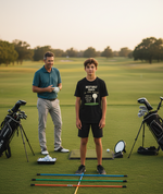 Man and boy on a golf course with golf clubs and equipment. The boy is wearing a Cows Corner t-shirt with the funny slogan 'Best Golf Coach in the World. Thanks for Every Swing, Smile and Slice Fix'. Cows Corner gifts are perfect for sport-mad fans, these gifts work brilliantly for birthdays, new baby celebrations, Father’s Day, Mother’s Day, Christmas, anniversaries, thank you gifts, end-of-season team awards, graduations, retirements, and just-because moments when you want to raise a smile. 

