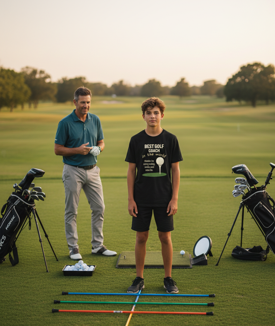 Man and boy on a golf course with golf clubs and equipment. The boy is wearing a Cows Corner t-shirt with the funny slogan 'Best Golf Coach in the World. Thanks for Every Swing, Smile and Slice Fix'. Cows Corner gifts are perfect for sport-mad fans, these gifts work brilliantly for birthdays, new baby celebrations, Father’s Day, Mother’s Day, Christmas, anniversaries, thank you gifts, end-of-season team awards, graduations, retirements, and just-because moments when you want to raise a smile. 
