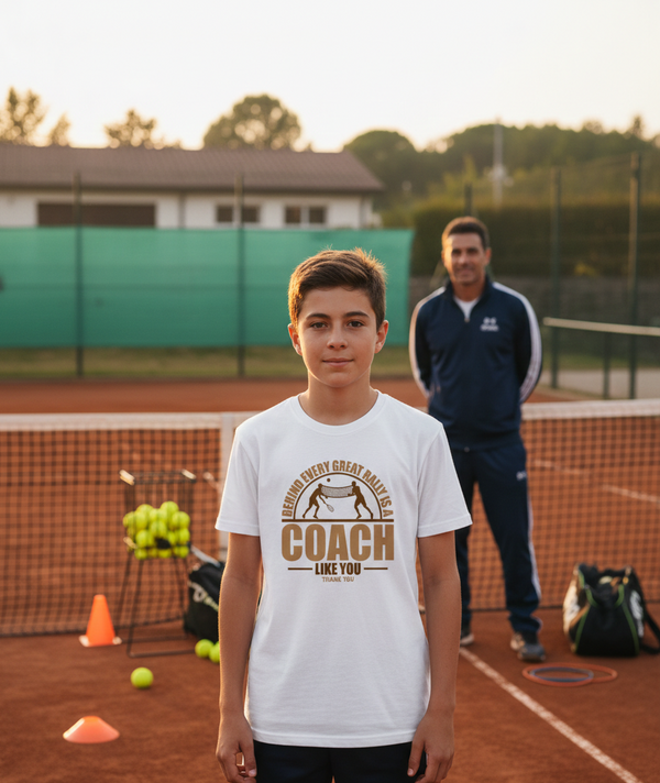 Person wearing a white t-shirt with a graphic and text on a tennis court. The boy is wearing a Cows Corner t-shirt with the funny tennis slogan 'Behind Every Great Rally Is a Coach Like You – Thank You'. Cows Corner gifts are perfect for sport-mad fans, these gifts work brilliantly for birthdays, new baby celebrations, Father’s Day, Mother’s Day, Christmas, anniversaries, thank you gifts, end-of-season team awards, graduations, retirements, and just-because moments when you want to raise a smile. 
