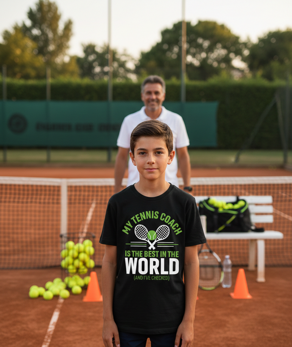 Boy wearing a black t-shirt with a tennis-themed design on a tennis court. The boy is wearing a Cows Corner t-shirt with the funny tennis slogan 'My Tennis Coach Is the Best in the World (and I’ve Checked)'. Cows Corner gifts are perfect for sport-mad fans, these gifts work brilliantly for birthdays, new baby celebrations, Father’s Day, Mother’s Day, Christmas, anniversaries, thank you gifts, end-of-season team awards, graduations, retirements, and just-because moments when you want to raise a smile. 

