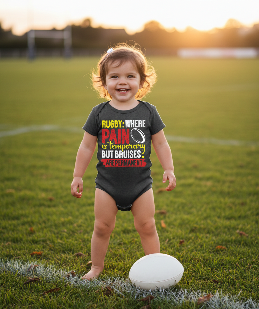 Child wearing a humorous rugby-themed onesie on a grassy field.  The baby is wearing a Cows Corner baby grow with the funny rugby slogan 'Rugby: Where Pain Is Temporary but Bruises Are Permanent'. Cows Corner gifts are perfect for sport-mad fans, these gifts work brilliantly for birthdays, new baby celebrations, Father’s Day, Mother’s Day, Christmas, anniversaries, thank you gifts, end-of-season team awards, graduations, retirements, and just-because moments when you want to raise a smile. 
