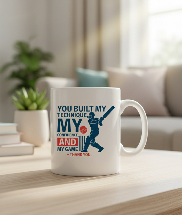 White mug with a sports-themed design on a table in a living room setting. This is a Cows Corner mug with a funny cricket slogan 'You Built My Technique My Confidence and My Game – Thank You'.  Cows Corner gifts are perfect for sport-mad fans, these gifts work brilliantly for birthdays, new baby celebrations, Father’s Day, Mother’s Day, Christmas, anniversaries, thank you gifts, end-of-season team awards, graduations, retirements, and just-because moments when you want to raise a smile. 

