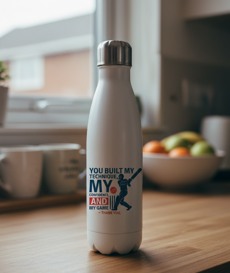 White water bottle with motivational quote on a kitchen counter. This is a Cows Corner water bottle with a funny cricket slogan 'You Built My Technique My Confidence and My Game – Thank You'. Cows Corner gifts are perfect for sport-mad fans, these gifts work brilliantly for birthdays, new baby celebrations, Father’s Day, Mother’s Day, Christmas, anniversaries, thank you gifts, end-of-season team awards, graduations, retirements, and just-because moments when you want to raise a smile. 
