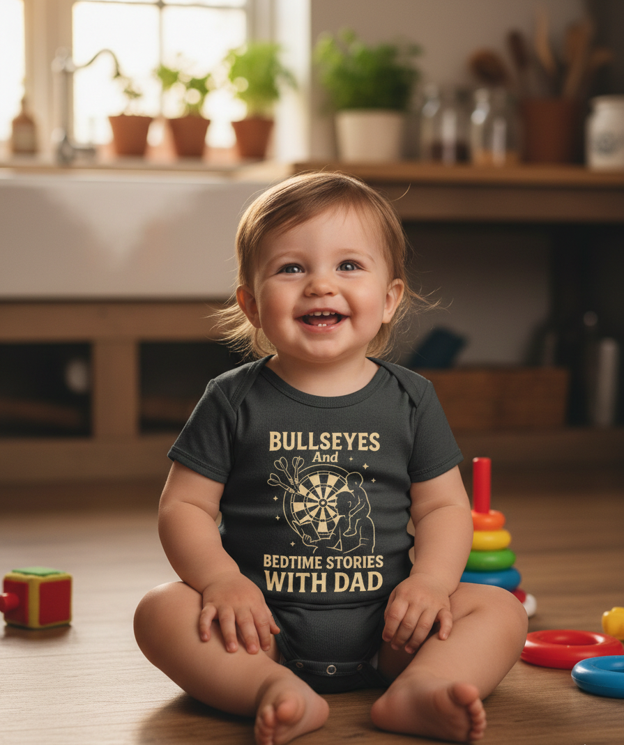 Child wearing a onesie with text and graphics, sitting on the floor in a home setting. The baby is wearing a Cows Corner baby grow with a funny darts slogan 'Bullseyes And Bedtime Stories With Dad'.  Cows Corner gifts are perfect for sport-mad fans, these gifts work brilliantly for birthdays, new baby celebrations, Father’s Day, Mother’s Day, Christmas, anniversaries, thank you gifts, end-of-season team awards, graduations, retirements, and just-because moments when you want to raise a smile. 
