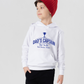 A little girl wearing a white hoodie with Dad's Captain, But I'm The Real Decision-Maker on the front. A Funny Cricket Hoodie, Premium Fabric, Multiple Junior Sizes, Perfect for Boys and Girls