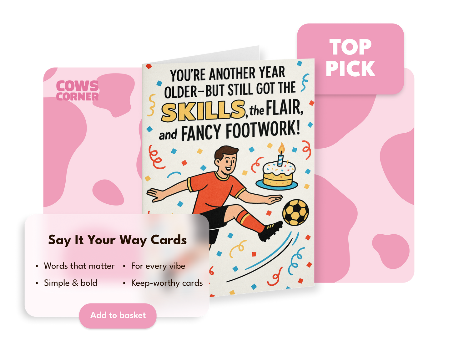 Card with a soccer player illustration and text on a pink cow print background from Cows Corner
