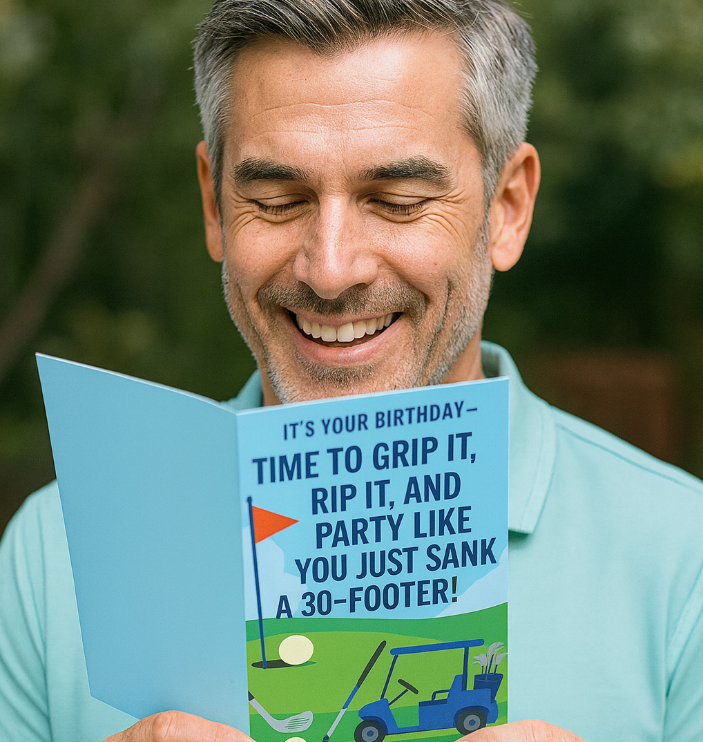 Man holding a birthday card with golf-themed text and graphics with a Cows Corner slogan on the front
