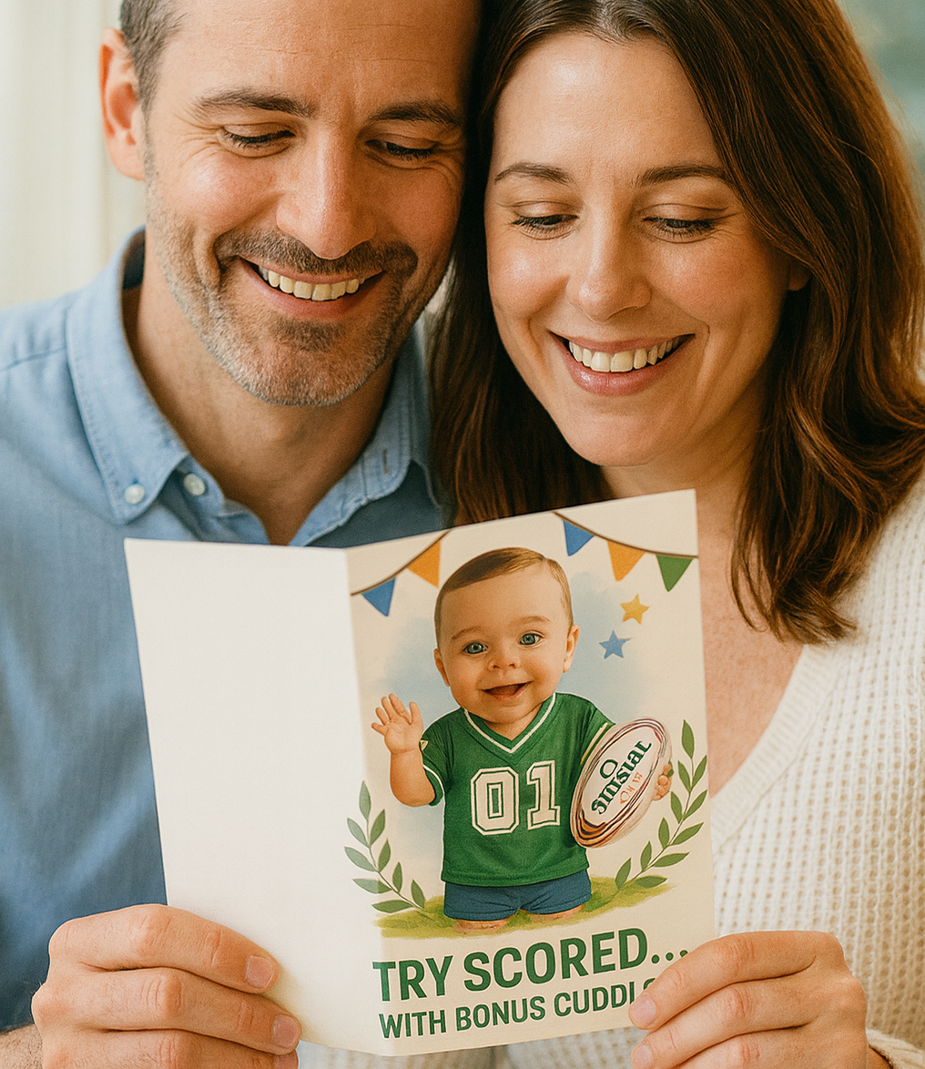 Man and woman holding a card with a child's photo and text with a Cows Corner slogan on the front