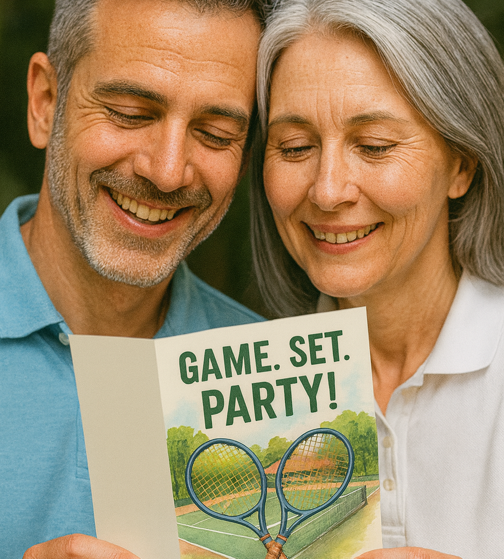 Man and woman holding a card with 'Game. Set. Party!' text and tennis racket illustration with a Cows Corner slogan on the front