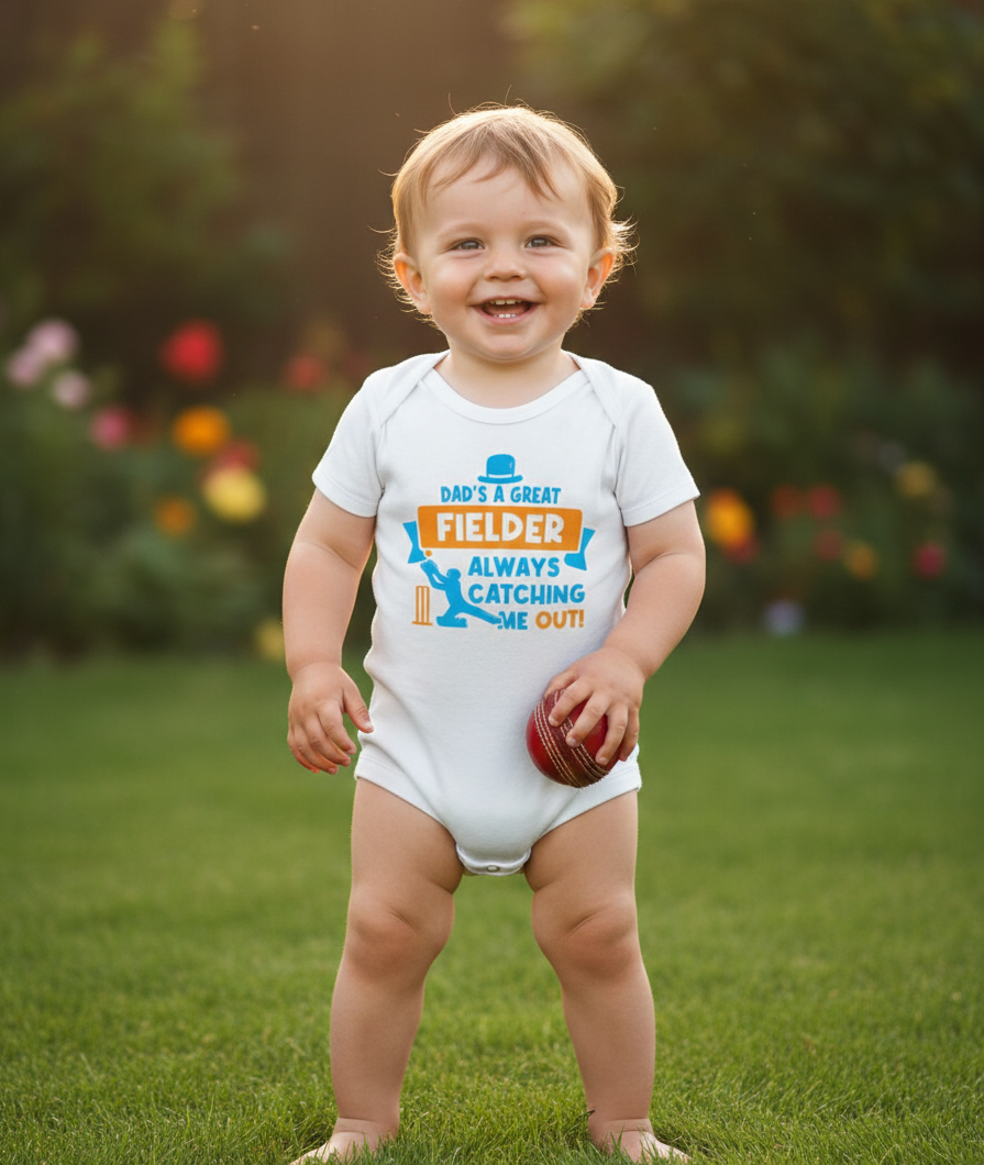 Child wearing a onesie with a humorous message about cricket, standing outdoors on grass.  The baby is wearing a Cows Corner baby grow with a funny cricket slogan 'Dad is a Great Fielder, Always Catching Me Out'. Cows Corner gifts are perfect for sport-mad fans, these gifts work brilliantly for birthdays, new baby celebrations, Father’s Day, Mother’s Day, Christmas, anniversaries, thank you gifts, end-of-season team awards, graduations, retirements, and just-because moments when you want to raise a smile. 
