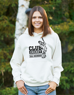 A lady wearing a white hoodie with Funny Cricket Hoodie – 'Club Cricket: Where Everyone’s an All-Rounder' on the front. A Funny Cricket Hoodie, Premium Fabric, Multiple Adult Sizes