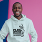 A man wearing a white hoodie with Funny Cricket Hoodie – 'Club Cricket: Where Everyone’s an All-Rounder' on the front. A Funny Cricket Hoodie, Premium Fabric, Multiple Adult Sizes