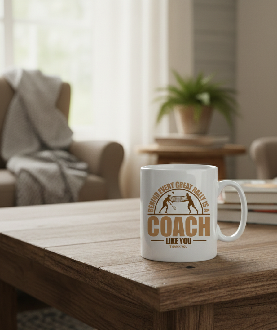 White mug with brown text on a wooden table in a cozy living room.  This is a Cows Corner mug with a funny tennis slogan 'Behind Every Great Rally Is a Coach Like You – Thank You'.  Cows Corner gifts are perfect for sport-mad fans, these gifts work brilliantly for birthdays, new baby celebrations, Father’s Day, Mother’s Day, Christmas, anniversaries, thank you gifts, end-of-season team awards, graduations, retirements, and just-because moments when you want to raise a smile. 
