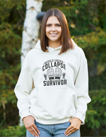 A lady wearing a white hoodie with Middle-order Collapse Survivor on the front. A Funny Cricket Hoodie, Premium Fabric, Multiple Adult Sizes