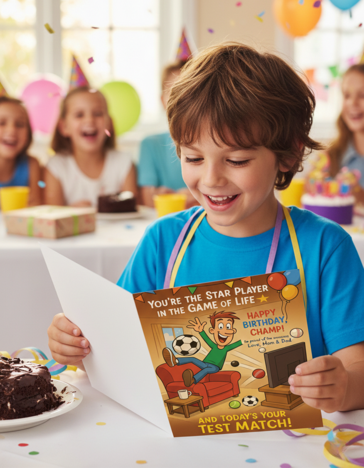 Child holding a Cows Corner birthday card with a colourful design at a party.