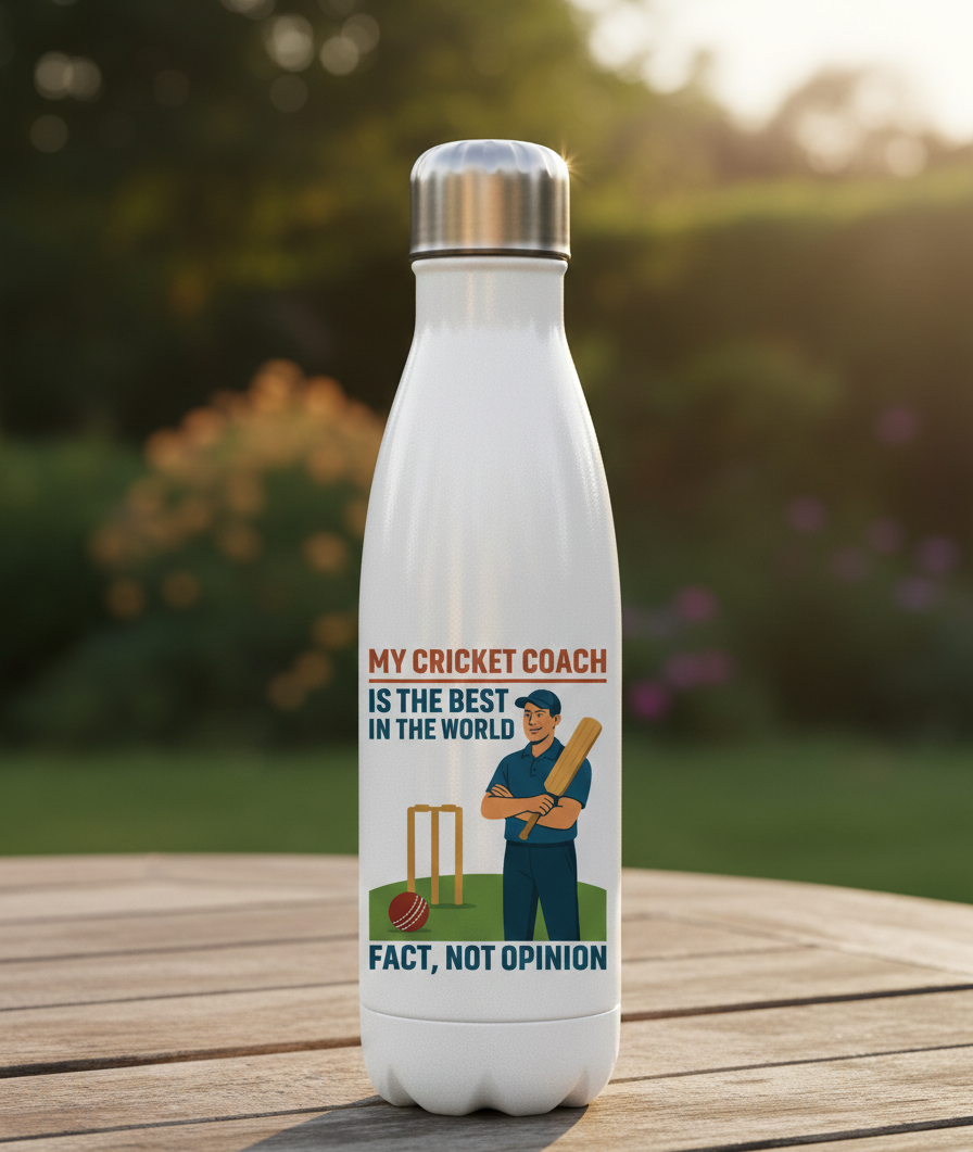 White water bottle with cricket-themed design on a wooden surface with a blurred natural background. This is a Cows Corner water bottle with a funny cricket slogan 'My Cricket Coach Is the Best in the World Fact, Not Opinion'. Cows Corner gifts are perfect for sport-mad fans, these gifts work brilliantly for birthdays, new baby celebrations, Father’s Day, Mother’s Day, Christmas, anniversaries, thank you gifts, end-of-season team awards, graduations, retirements, and just-because moments 