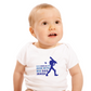 A baby wearing a baby grow with Dad Bowled Me over With His Dad Jokes, on the front! Funny Cricket Baby Bodysuit, Organic or In-Conversion to Organic Cotton, Self Fabric Bound Neckline, Cuffs and Leg Openings