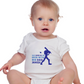 A baby wearing a baby grow with Dad Bowled Me over With His Dad Jokes, on the front! Funny Cricket Baby Bodysuit, Organic or In-Conversion to Organic Cotton, Self Fabric Bound Neckline, Cuffs and Leg Openings