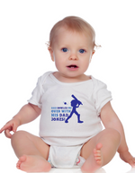 A baby wearing a baby grow with Dad Bowled Me over With His Dad Jokes, on the front! Funny Cricket Baby Bodysuit, Organic or In-Conversion to Organic Cotton, Self Fabric Bound Neckline, Cuffs and Leg Openings
