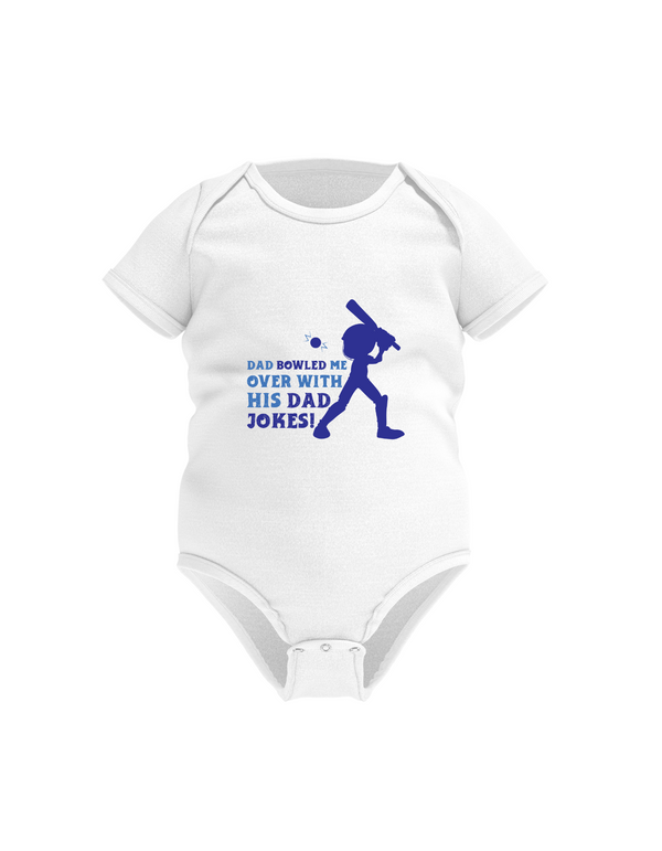 Dad Bowled Me over With His Dad Jokes! Funny Cricket Baby Bodysuit, Organic or In-Conversion to Organic Cotton, Self Fabric Bound Neckline, Cuffs and Leg Openings