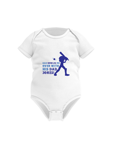 Dad Bowled Me over With His Dad Jokes! Funny Cricket Baby Bodysuit, Organic or In-Conversion to Organic Cotton, Self Fabric Bound Neckline, Cuffs and Leg Openings