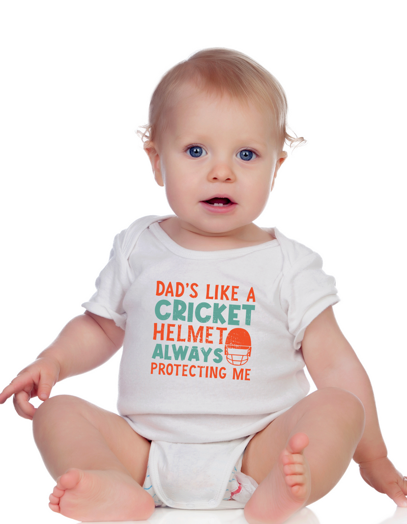 A baby wearing a baby grow with Dads Like a Cricket Helmet, Always Protecting Me on the front.  Funny Cricket Baby Bodysuit, Organic or In-Conversion to Organic Cotton, Self Fabric Bound Neckline, Cuffs and Leg Openings
