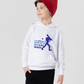 A little boy wearing a white hoodie with Dad Bowled Me Over With His Dad Jokes on the front. A Funny Cricket Hoodie, Premium Fabric, Multiple Junior Sizes, Perfect for Boys and Girls