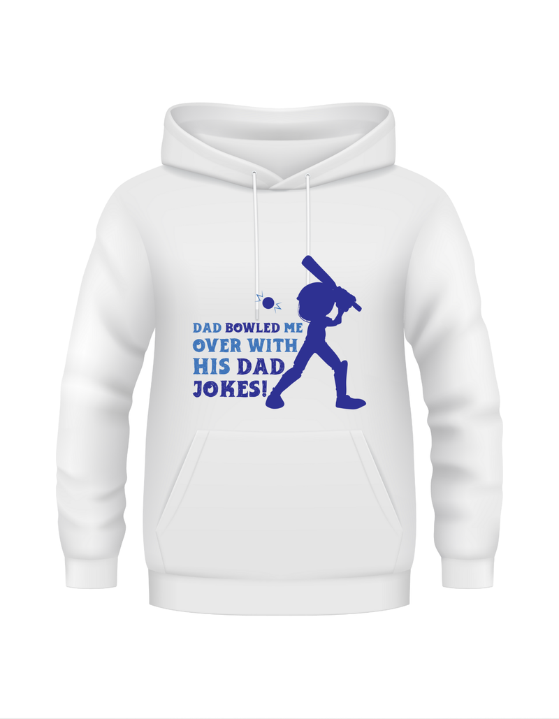 Dad Bowled Me Over With His Dad Jokes.  Funny Cricket Hoodie, Premium Fabric, Multiple Junior Sizes, Perfect for Boys and Girls