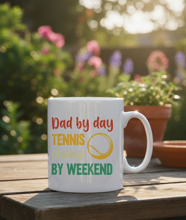 White mug with colorful text and a tennis ball graphic on a wooden table with a garden background. This is a Cows Corner mug with a funny tennis slogan 'Dad By Day, Tennis Champ By Weekend'. Cows Corner gifts are perfect for sport-mad fans, these gifts work brilliantly for birthdays, new baby celebrations, Father’s Day, Mother’s Day, Christmas, anniversaries, thank you gifts, end-of-season team awards, graduations, retirements, and just-because moments when you want to raise a smile. 
