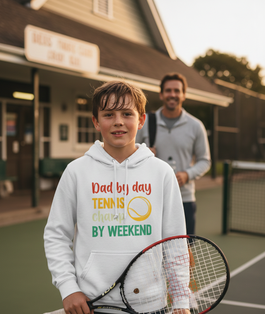 Boy wearing a hoodie with a tennis-themed message on a tennis court, with a man in the background. The boy is wearing a Cows Corner hoodie with a funny tennis slogan 'Dad By Day, Tennis Champ By Weekend'. Cows Corner gifts are perfect for sport-mad fans, these gifts work brilliantly for birthdays, new baby celebrations, Father’s Day, Mother’s Day, Christmas, anniversaries, thank you gifts, end-of-season team awards, graduations, retirements, and just-because moments when you want to raise a smile. 

