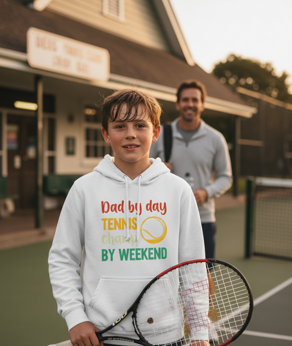 Boy wearing a hoodie with a tennis-themed message on a tennis court, with a man in the background. The boy is wearing a Cows Corner hoodie with a funny tennis slogan 'Dad By Day, Tennis Champ By Weekend'. Cows Corner gifts are perfect for sport-mad fans, these gifts work brilliantly for birthdays, new baby celebrations, Father’s Day, Mother’s Day, Christmas, anniversaries, thank you gifts, end-of-season team awards, graduations, retirements, and just-because moments when you want to raise a smile. 
