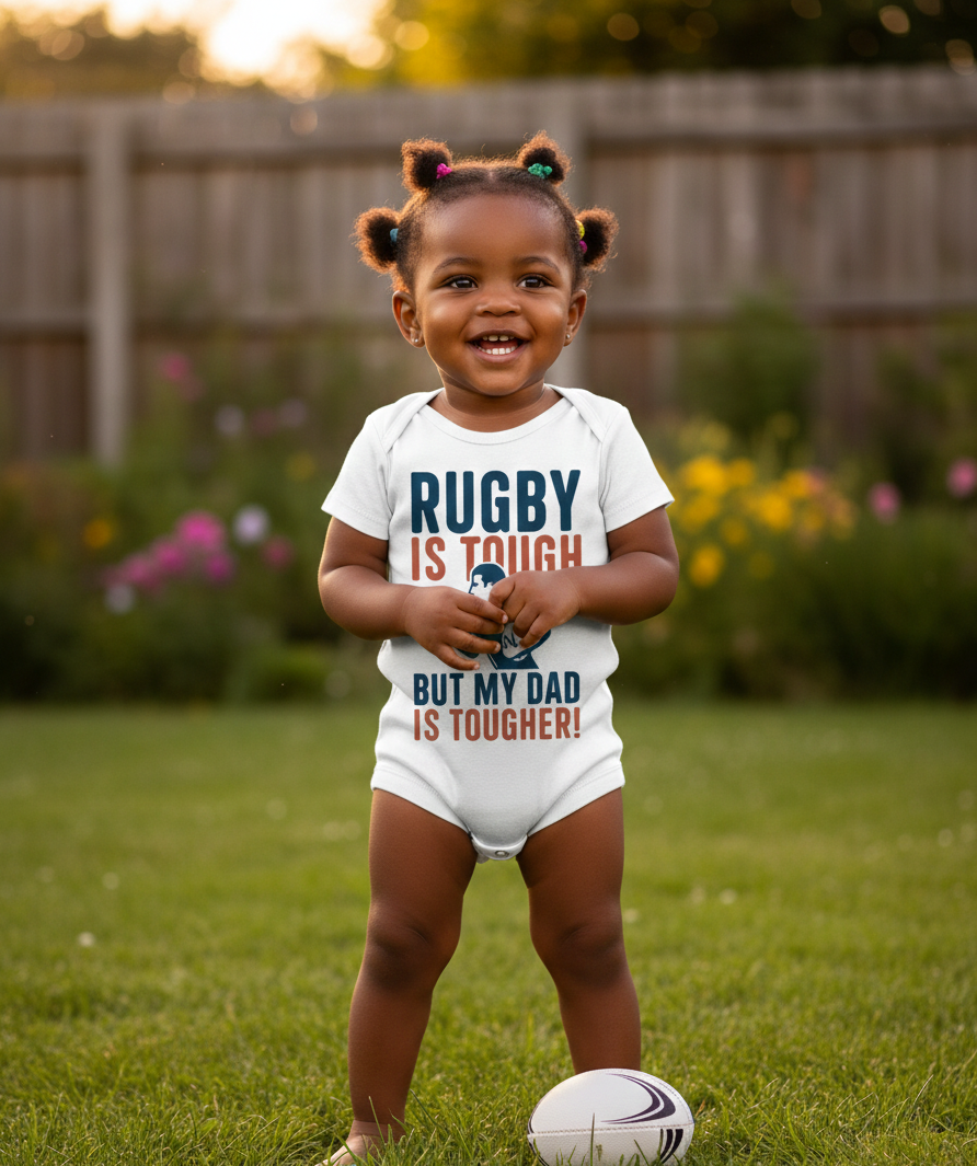Child wearing a onesie with a rugby-themed message outdoors. The baby is wearing a Cows Corner baby grow with the funny rugby slogan 'Rugby Is Tough but My Dad Is Tougher!'. Cows Corner gifts are perfect for sport-mad fans, these gifts work brilliantly for birthdays, new baby celebrations, Father’s Day, Mother’s Day, Christmas, anniversaries, thank you gifts, end-of-season team awards, graduations, retirements, and just-because moments when you want to raise a smile. 
