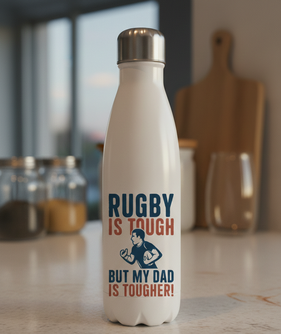 White water bottle with rugby-themed text and graphic on a kitchen counter. This is a Cows Corner water bottle with a funny rugby slogan 'Rugby Is Tough but My Dad Is Tougher!'. Cows Corner gifts are perfect for sport-mad fans, these gifts work brilliantly for birthdays, new baby celebrations, Father’s Day, Mother’s Day, Christmas, anniversaries, thank you gifts, end-of-season team awards, graduations, retirements, and just-because moments when you want to raise a smile. 
