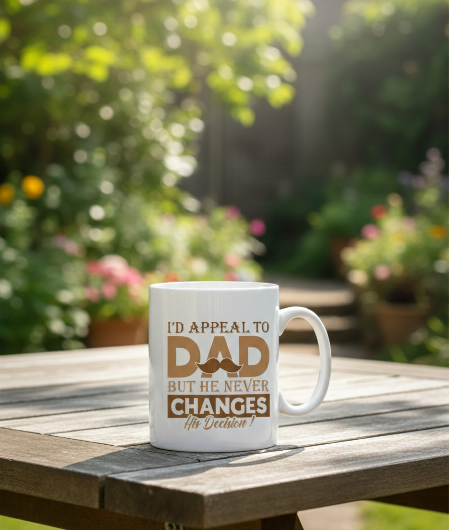 White mug with text on a wooden table outdoors. This is a Cows Corner mug with a funny cricket slogan 'I'd Appeal to Dad, But He Never Changes His Decision'. Cows Corner gifts are perfect for sport-mad fans, these gifts work brilliantly for birthdays, new baby celebrations, Father’s Day, Mother’s Day, Christmas, anniversaries, thank you gifts, end-of-season team awards, graduations, retirements, and just-because moments when you want to raise a smile. 
