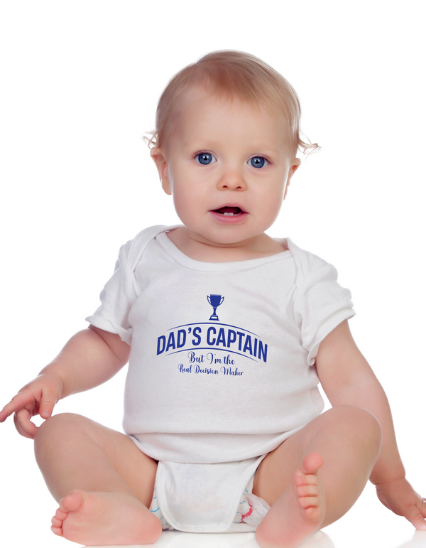A baby wearing a baby grow with Dad’s Captain, but I’m the Real Decision Maker, on the front! Funny Cricket Baby Bodysuit, Organic or In-Conversion to Organic Cotton, Self Fabric Bound Neckline, Cuffs and Leg Openings