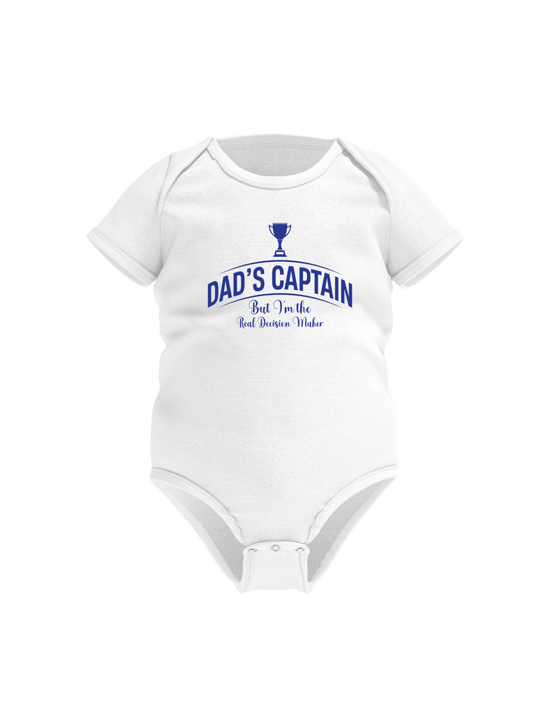 Dad’s Captain, but I’m the Real Decision Maker! Funny Cricket Baby Bodysuit, Organic or In-Conversion to Organic Cotton, Self Fabric Bound Neckline, Cuffs and Leg Openings