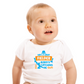 A baby wearing a baby grow with Dad’s a Great Fielder, Always Catching Me Out, on the front. Funny Cricket Baby Bodysuit, Organic or In-Conversion to Organic Cotton, Self Fabric Bound Neckline, Cuffs and Leg Openings