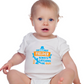 A baby wearing a baby grow with Dad’s a Great Fielder, Always Catching Me Out, on the front. Funny Cricket Baby Bodysuit, Organic or In-Conversion to Organic Cotton, Self Fabric Bound Neckline, Cuffs and Leg Openings