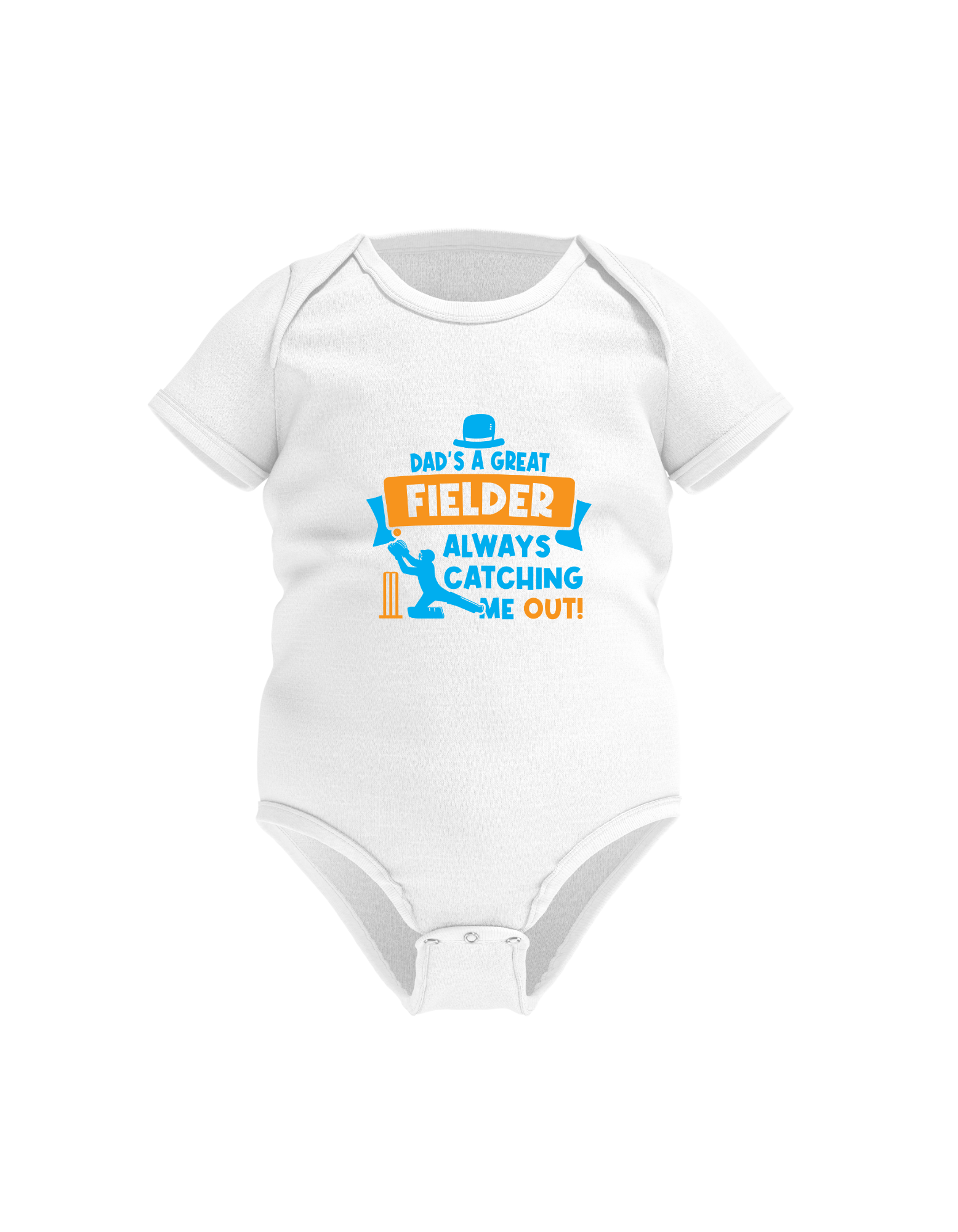 Dad’s a Great Fielder, Always Catching Me Out. Funny Cricket Baby Bodysuit, Organic or In-Conversion to Organic Cotton, Self Fabric Bound Neckline, Cuffs and Leg Openings