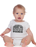 A baby wearing a baby grow with Dad’s Like an Old Cricket Bat, Full of Stories but Still in the Game - on the front! Funny Cricket Baby Bodysuit, Organic or In-Conversion to Organic Cotton, Self Fabric Bound Neckline, Cuffs and Leg Openings